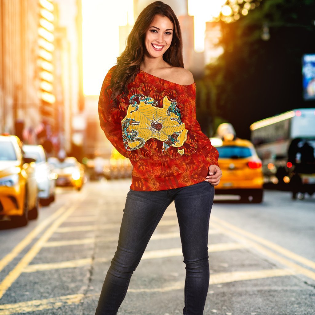 Aboriginal Women's Off Shoulder Sweater - Australia Map Hand Patterns Spider Web