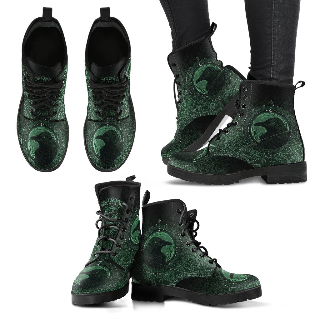 Viking Leather Boots Ethnic Odin Raven Green