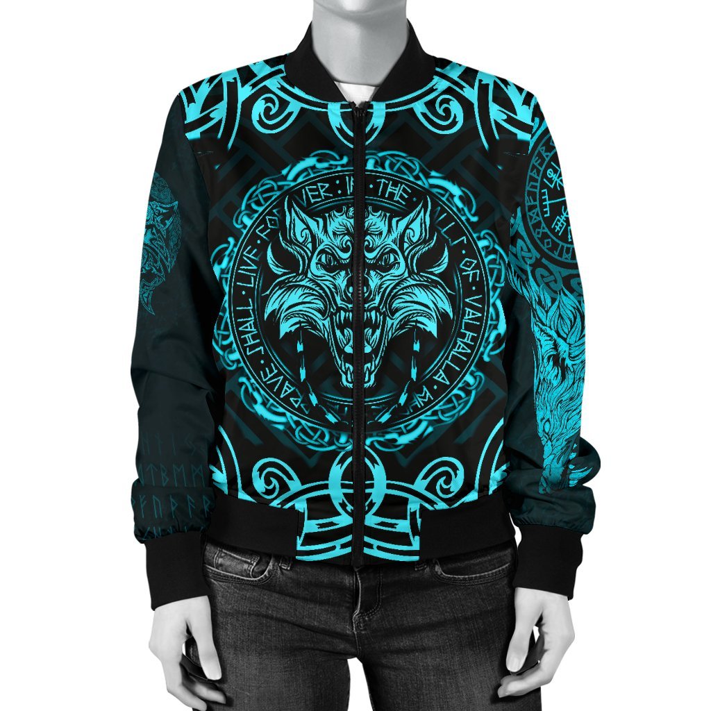 Viking Bomber Jacket Fenrir Viking Cyan 3D Style Ver02