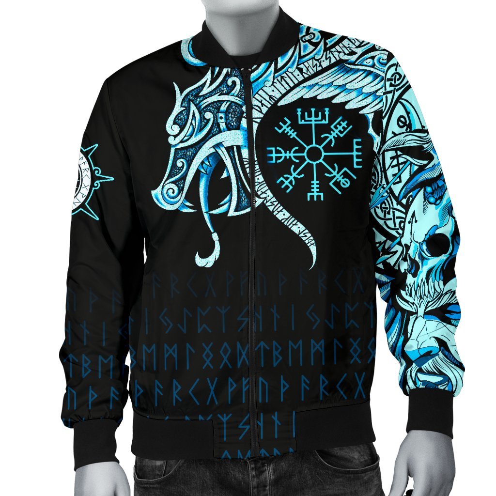 Viking Bomber Jacket Fenrir Raven And Vegvisir Tattoo Cyan Style Ver01