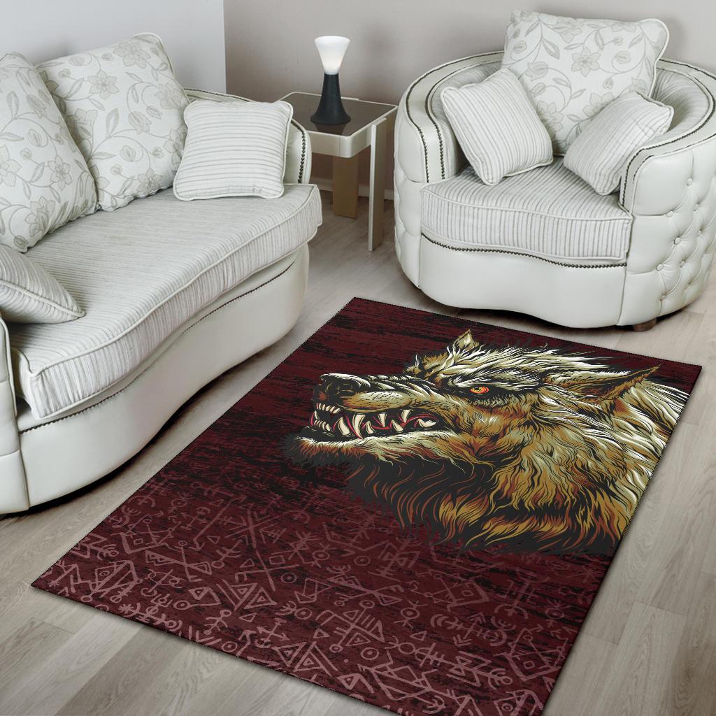 Viking Area Rug Fenrir On The Blood Moon Background