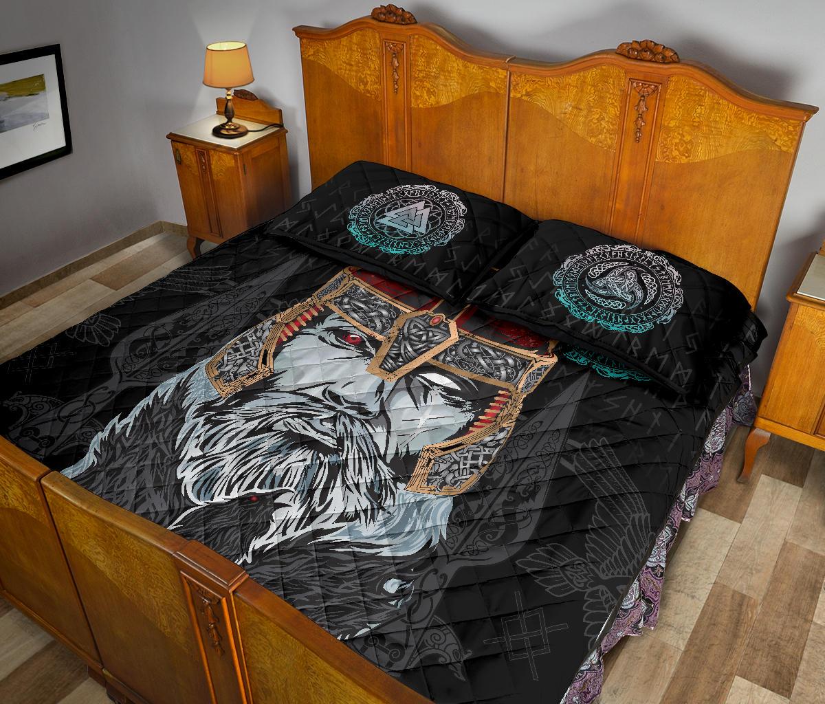 Viking Quilt Bedding Set Odin Valknut and Triple Horn