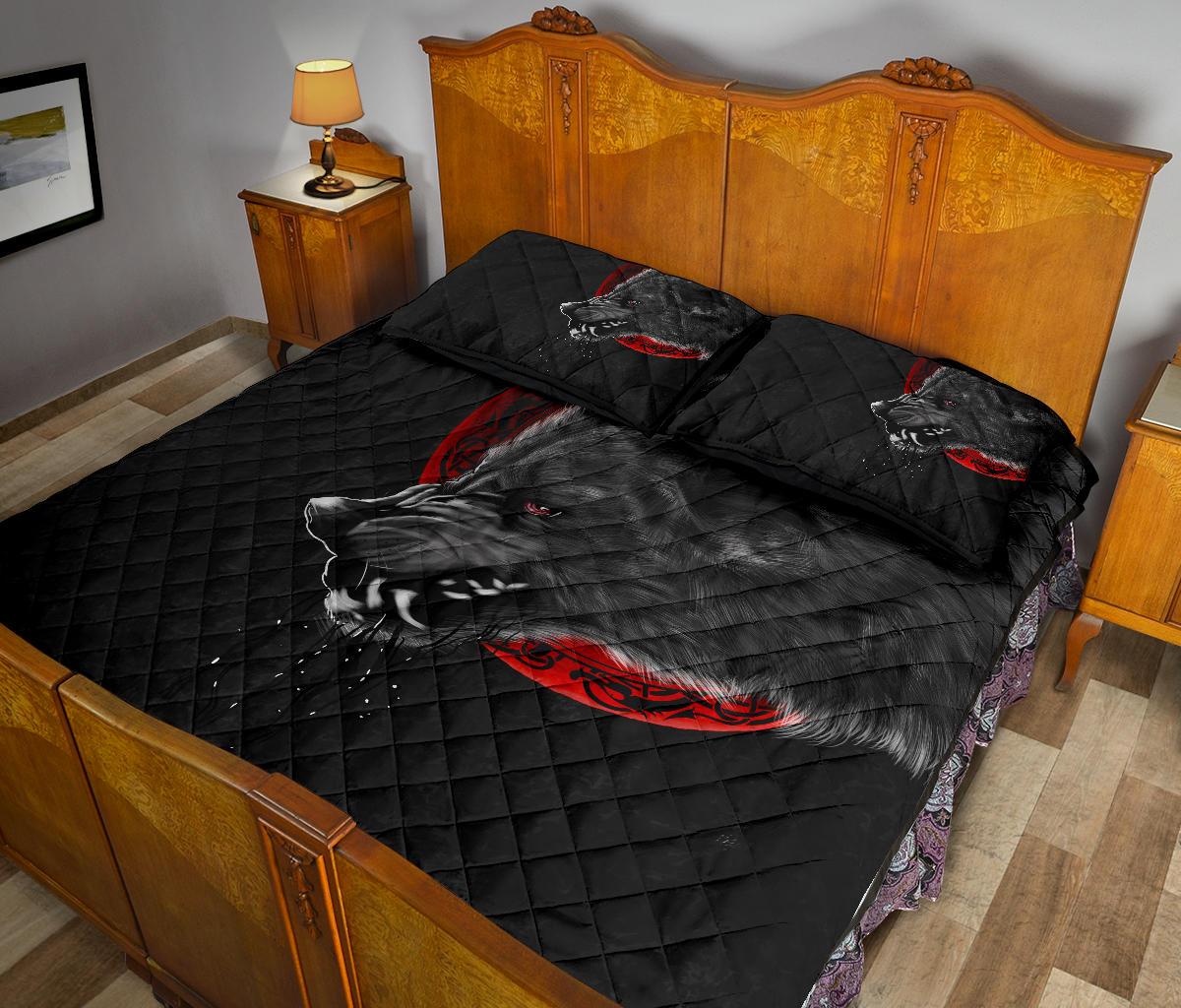 Viking Quilt Bedding Set Wolf And Blood Moon