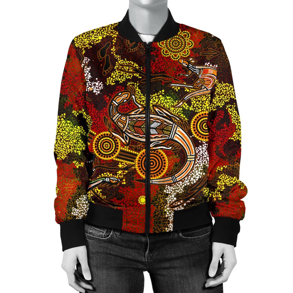 Aboriginal Bomber Jacket - Kangaroo and Lizard Dot Painting Art