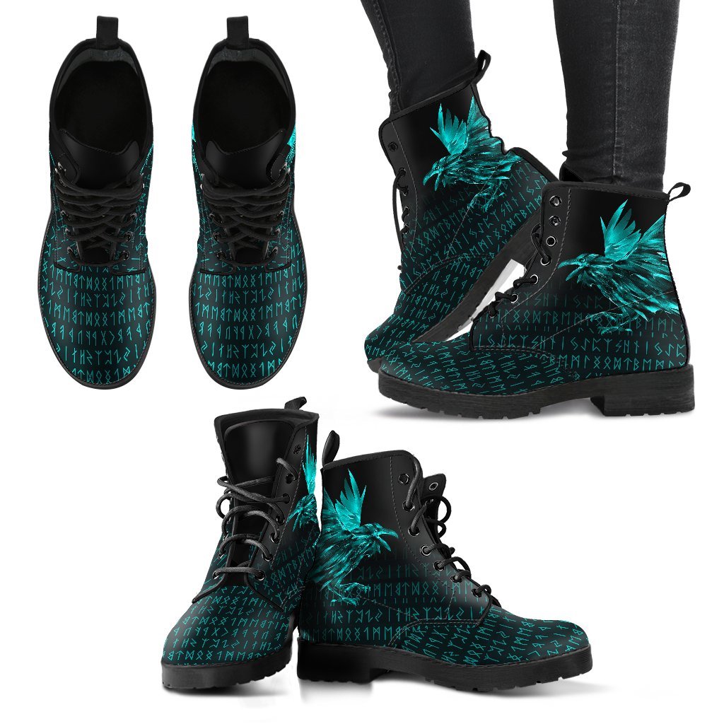 Viking Leather Boots The Raven Of Odin Rune Cyan