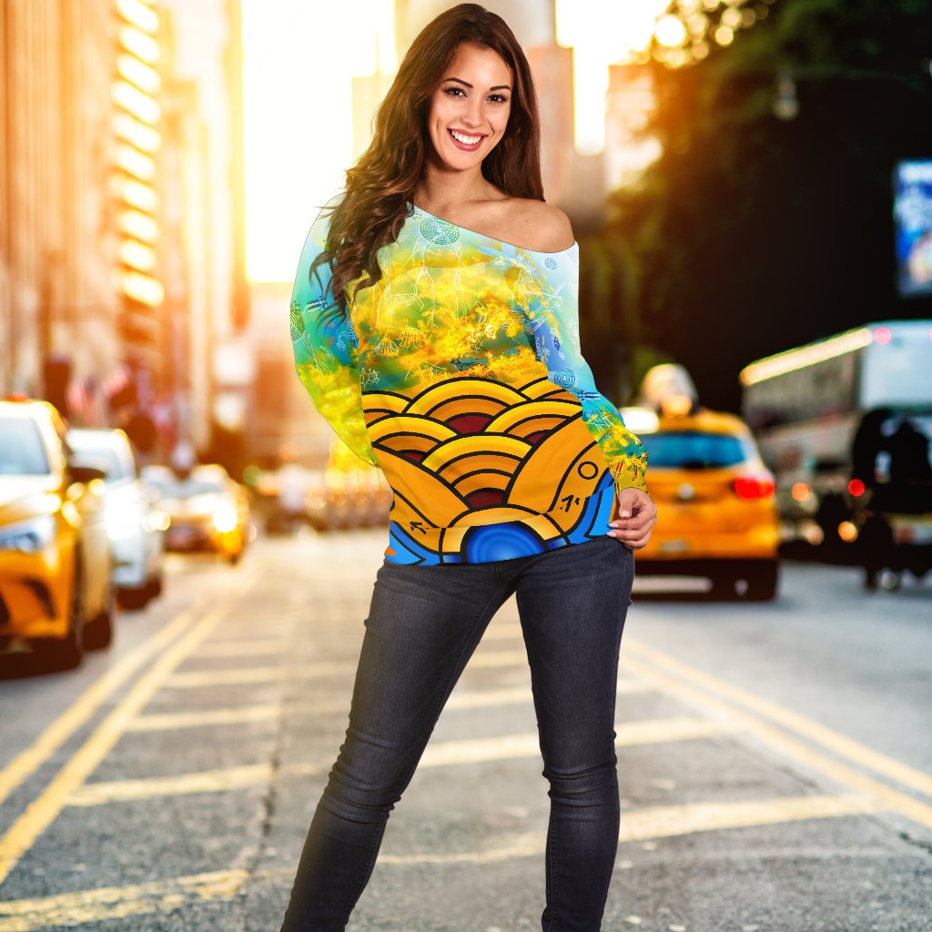 Aboriginal Women's Off Shoulder Sweater, Australia Kangaroo Sky