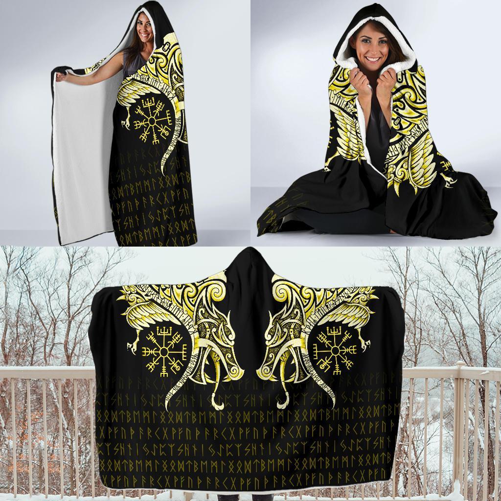 Viking Hooded Blanket Economy Fenrir Raven And Vegvisir Tattoo Yellow