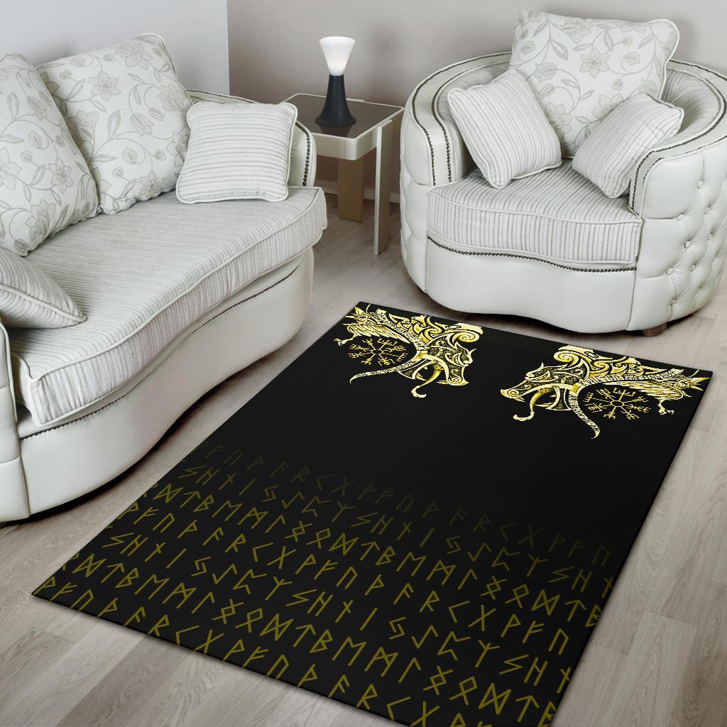 Viking Area Rug Fenrir Raven And Vegvisir Tattoo Yellow