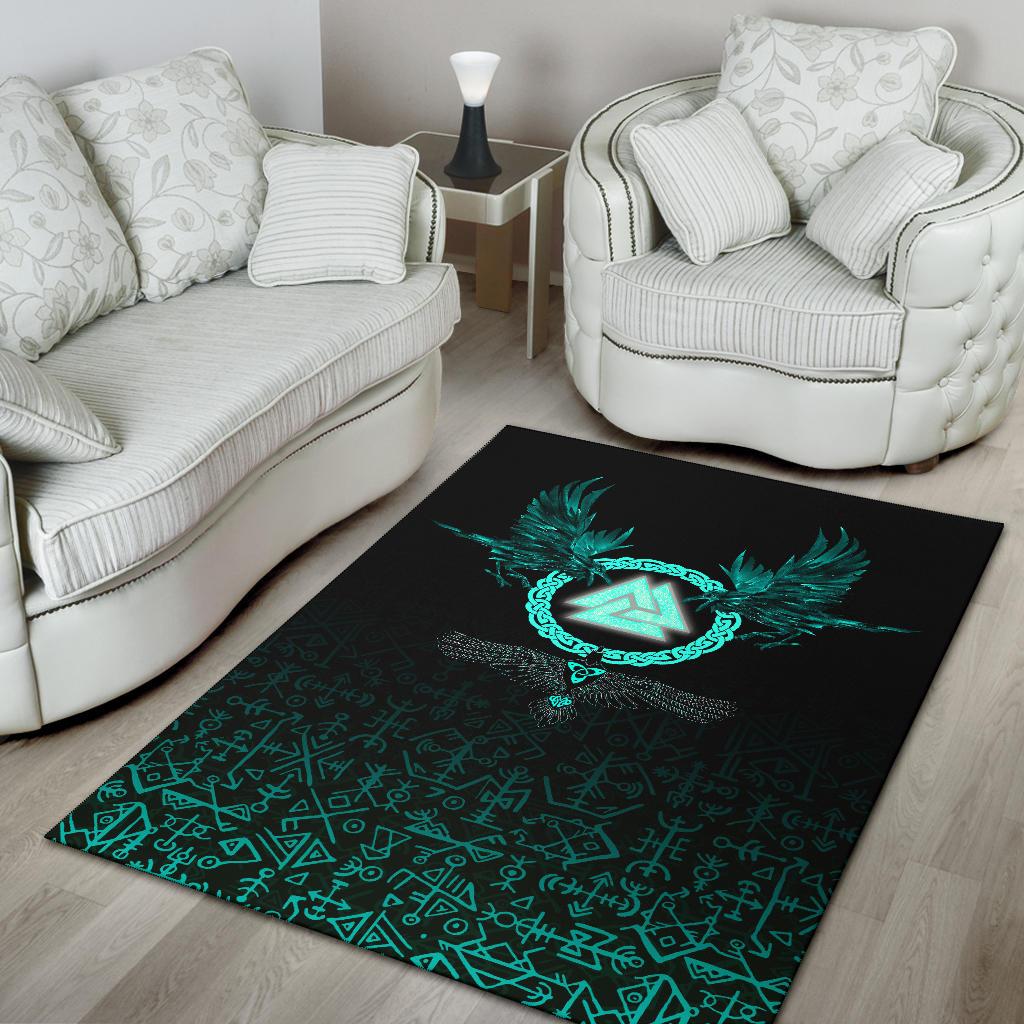 Viking Area Rug Three Raven and Valknut Cyan