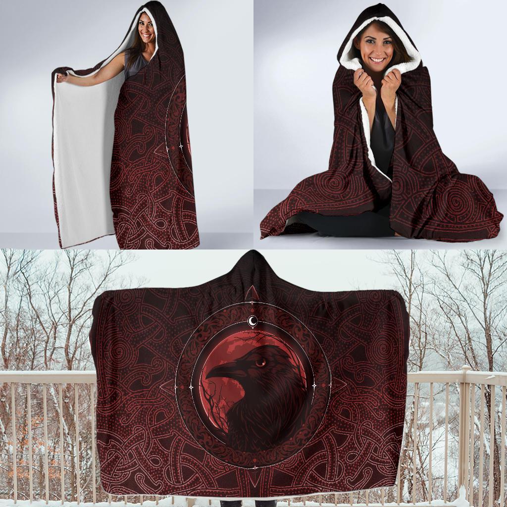 Viking Hooded Blanket Ethnic Odin Raven Red