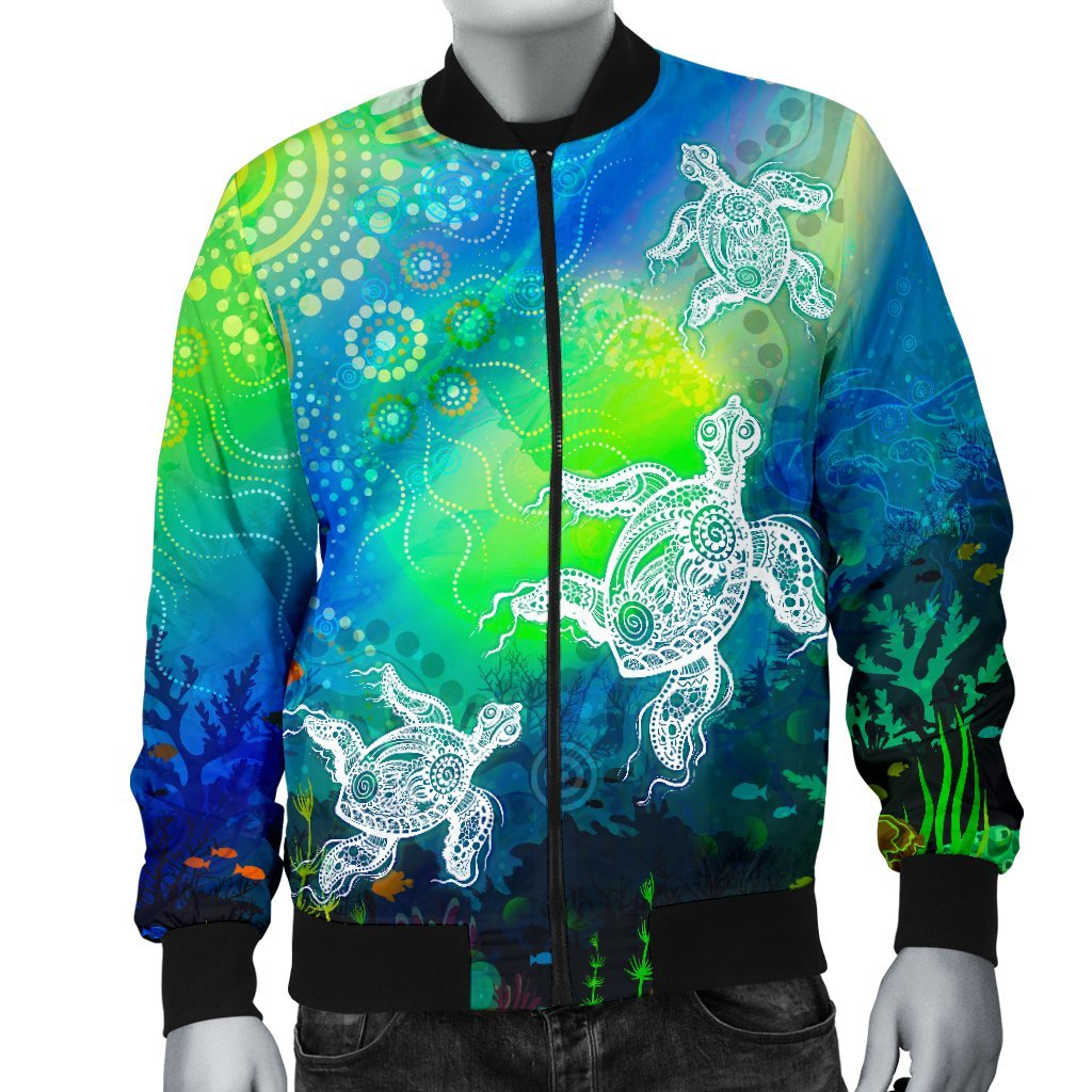 Aboriginal Bomber Jacket - Indigenous Turtle Ocean Dot Painting Art