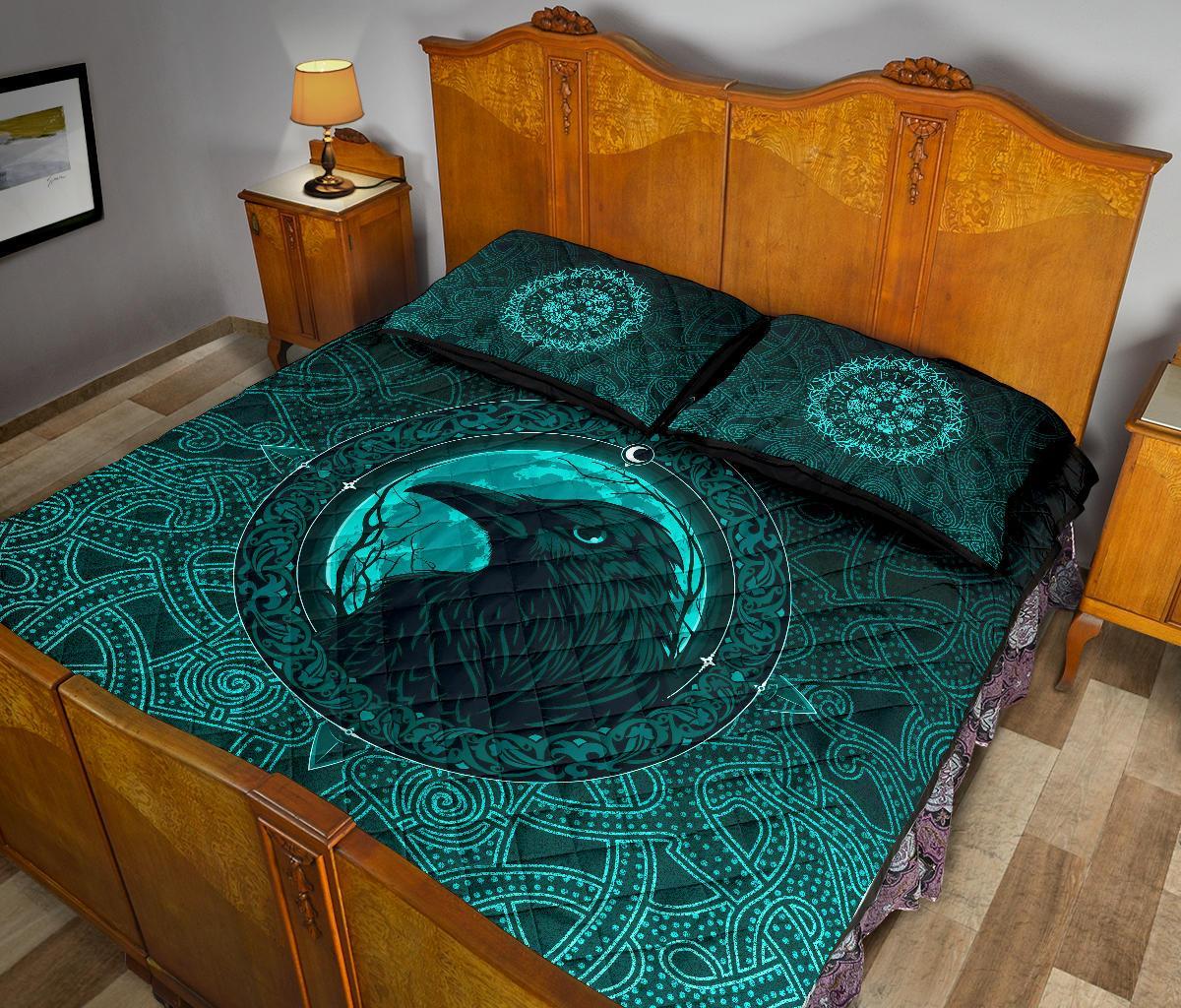 Viking Quilt Bedding Set Ethnic Odin Raven Cyan