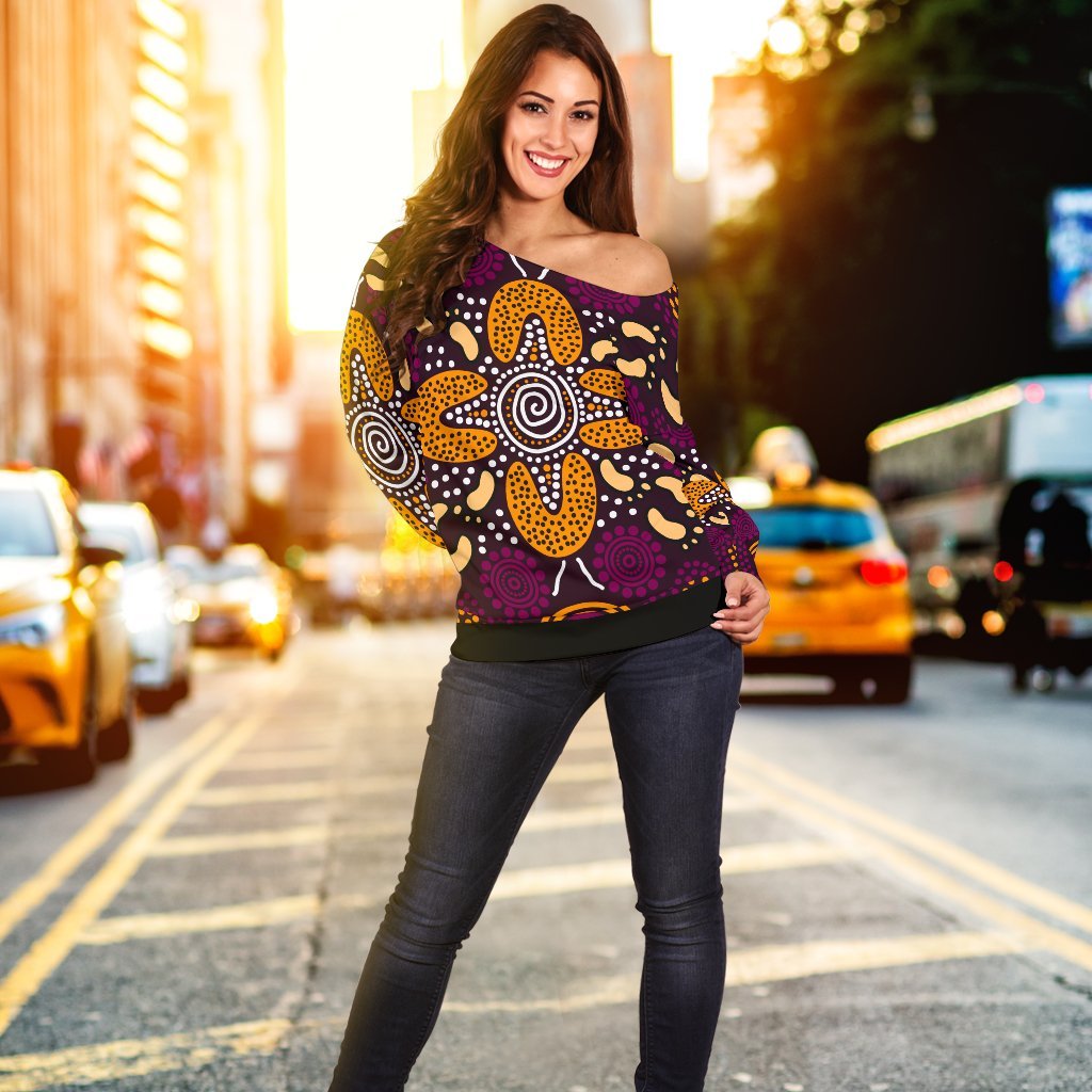 Aboriginal Women's Off Shoulder Sweater - Flowers Dot Panting Art