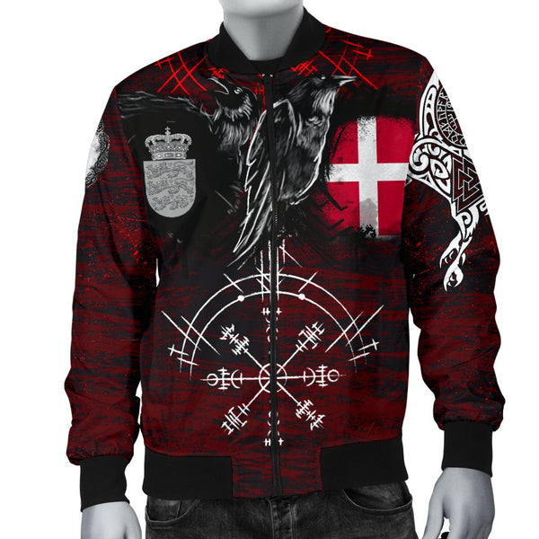 Viking Bomber Jacket Denmark Raven of Odin and Symbol Viking on Blood Background