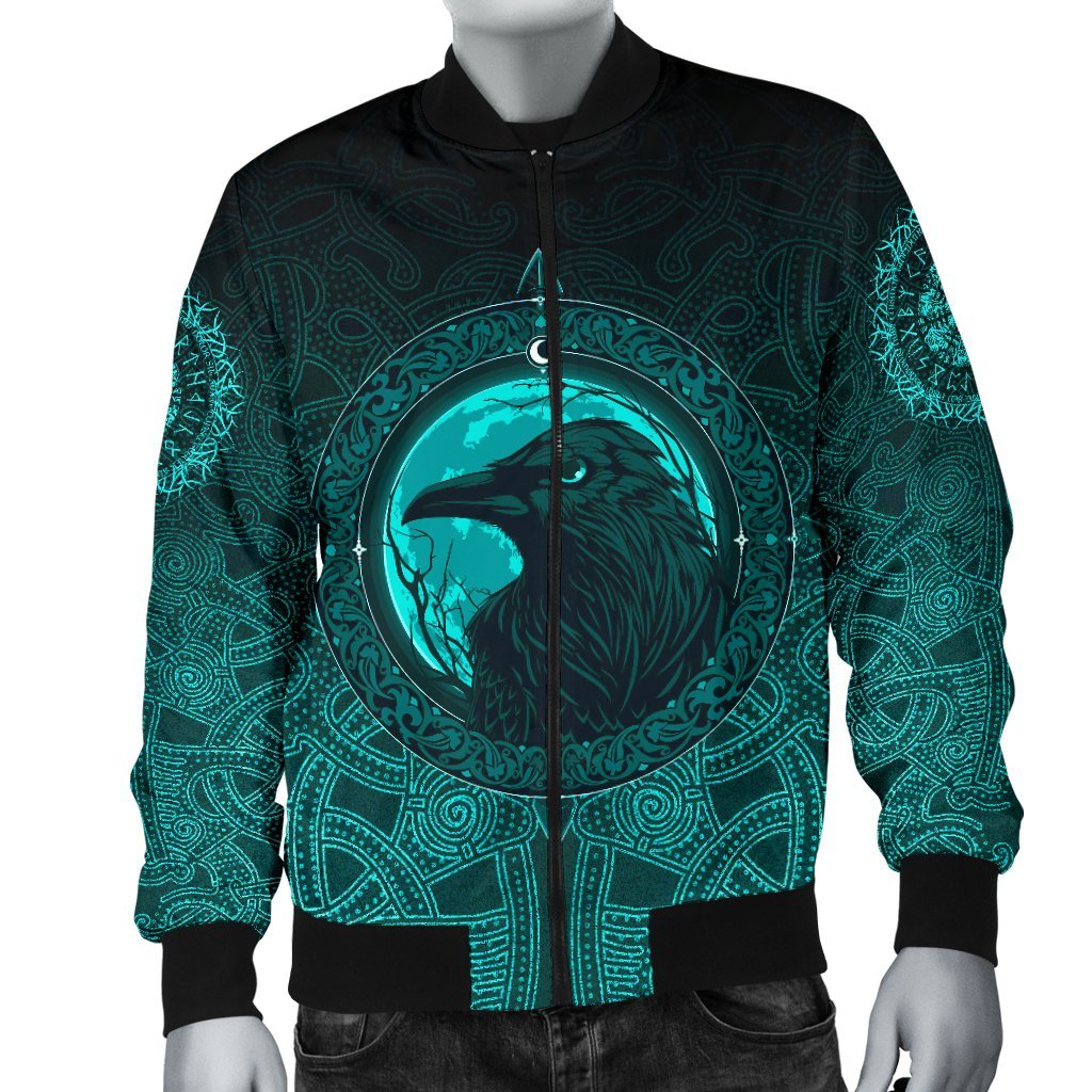 Viking Bomber Jacket Ethnic Odin Raven Cyan Style Ver01