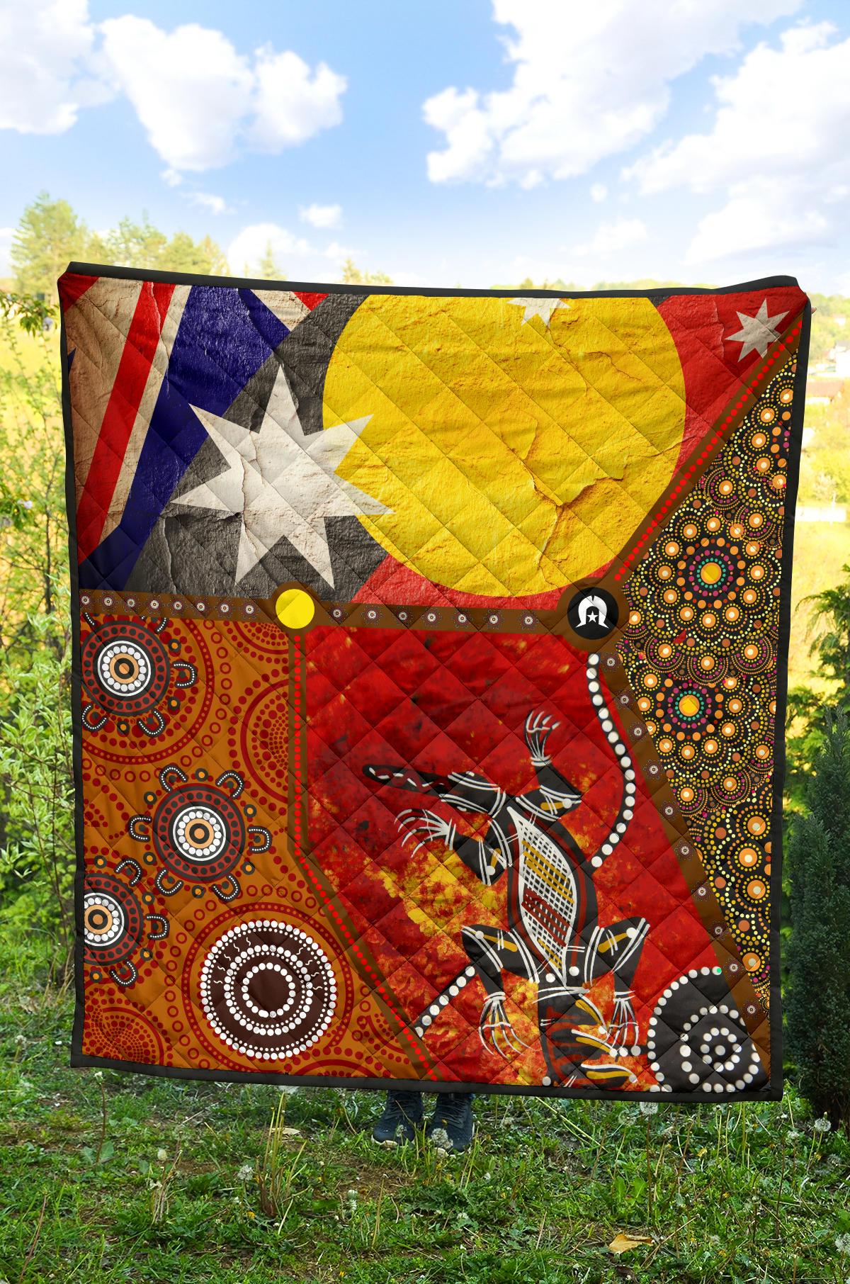 Premium Quilt - Aboriginal Dot Painting & Flags, Crocodile