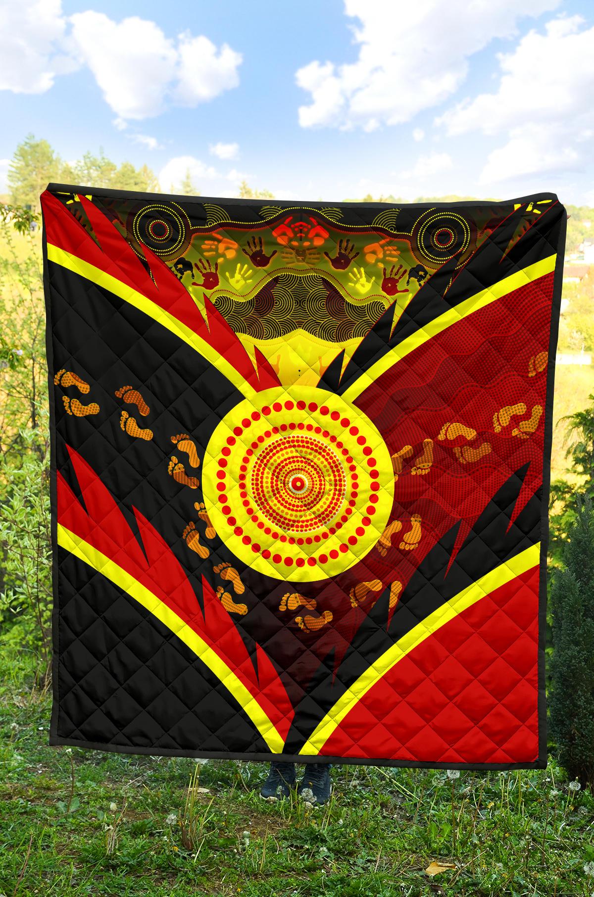 Aboriginal Premium Quilt - Indigenous Flag With Footprint Hand Art