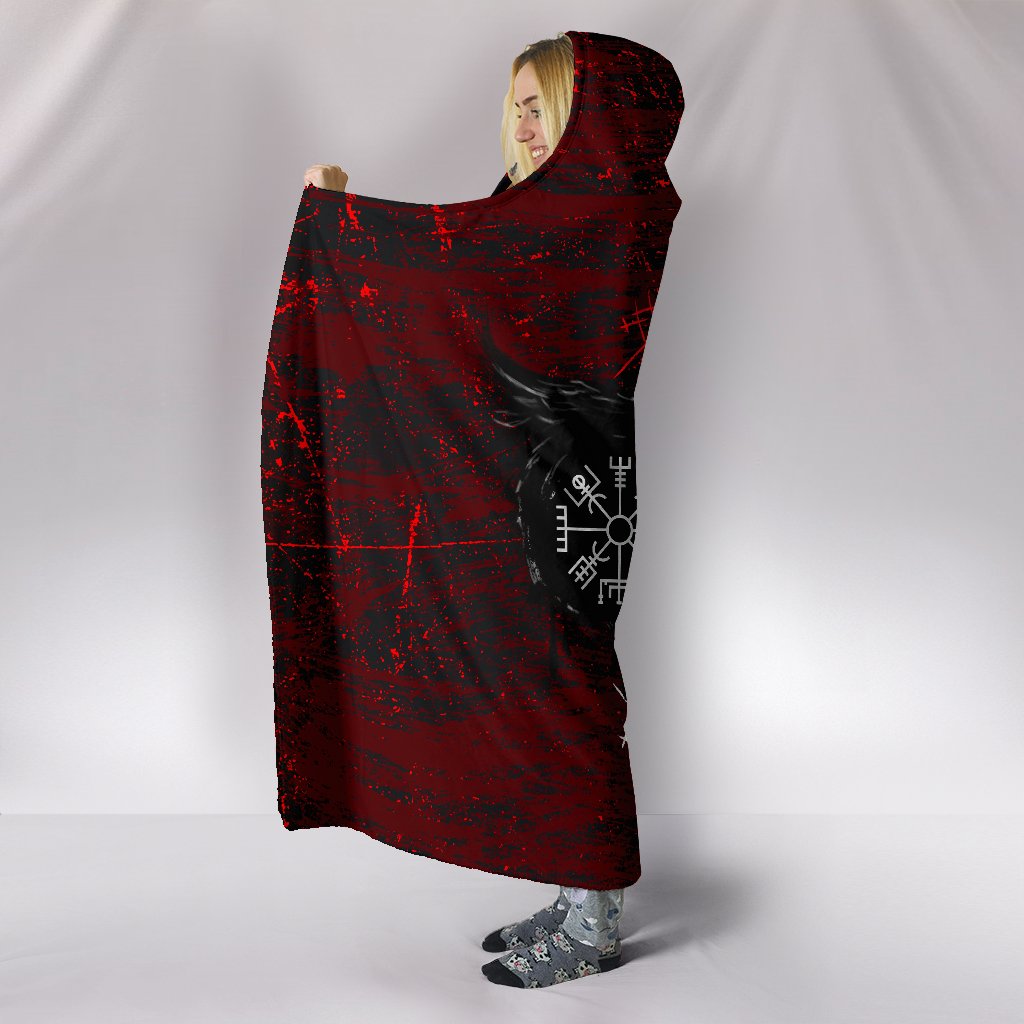 Viking Hooded Blanket Raven of Odin and Symbol Viking on Blood Background Ver02