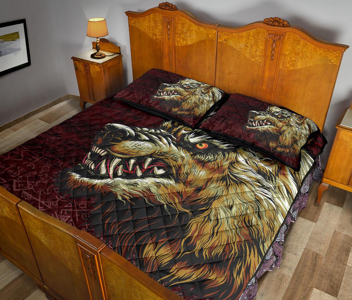 Viking Quilt Bedding Set Fenrir On The Blood Moon Background