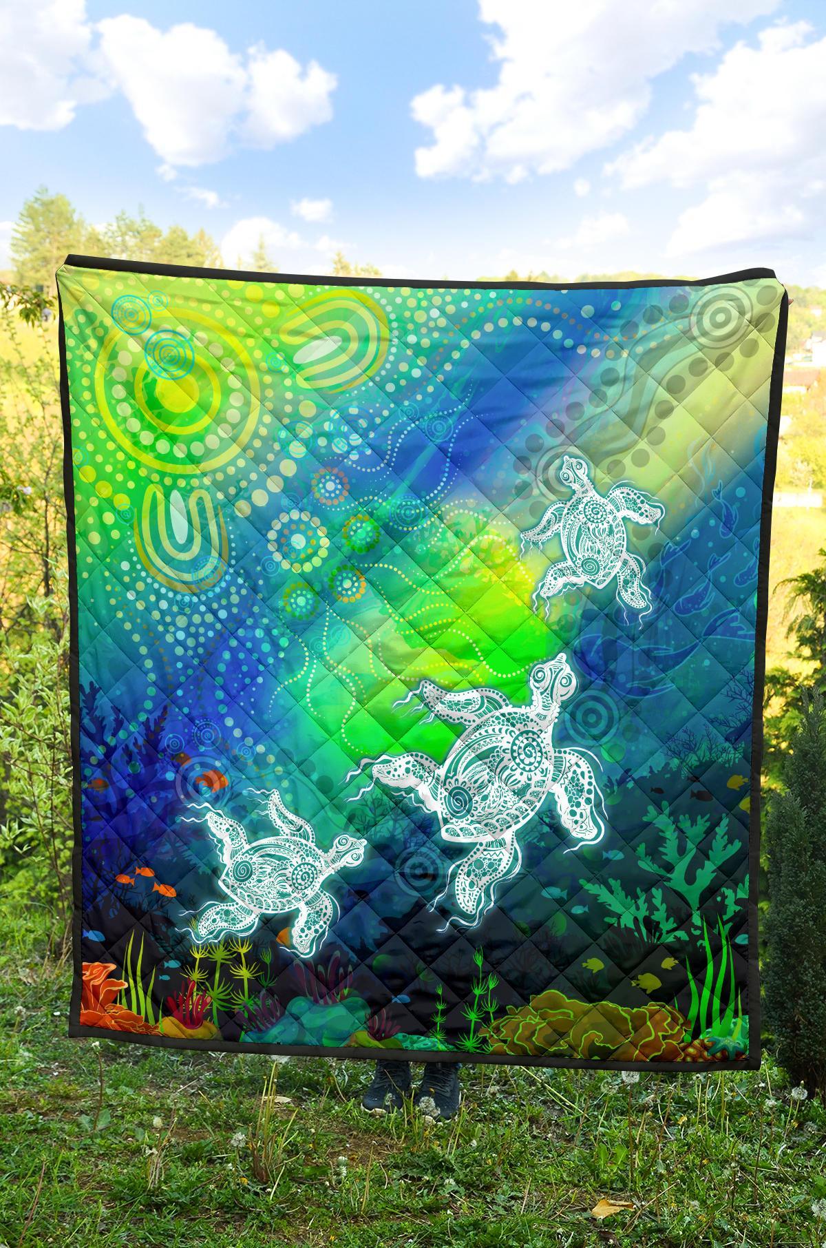 Aboriginal Premmium Quilt - Indigenous Turtle Ocean Dot Painting Art