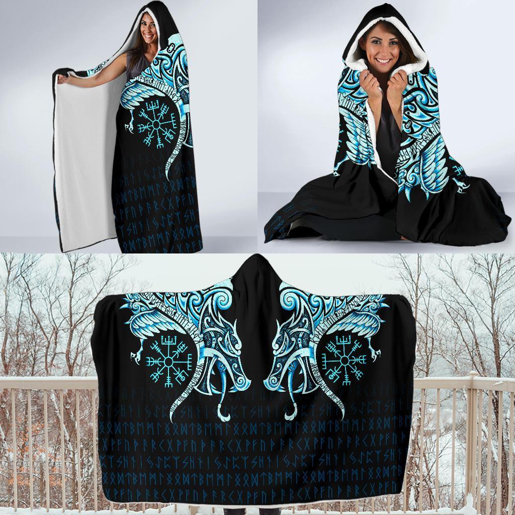 Viking Hooded Blanket Economy Fenrir Raven And Vegvisir Tattoo Cyan