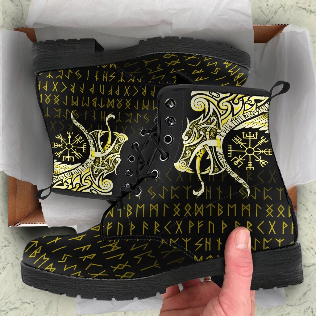 Viking Leather Boots Fenrir Raven And Vegvisir Tattoo Yellow