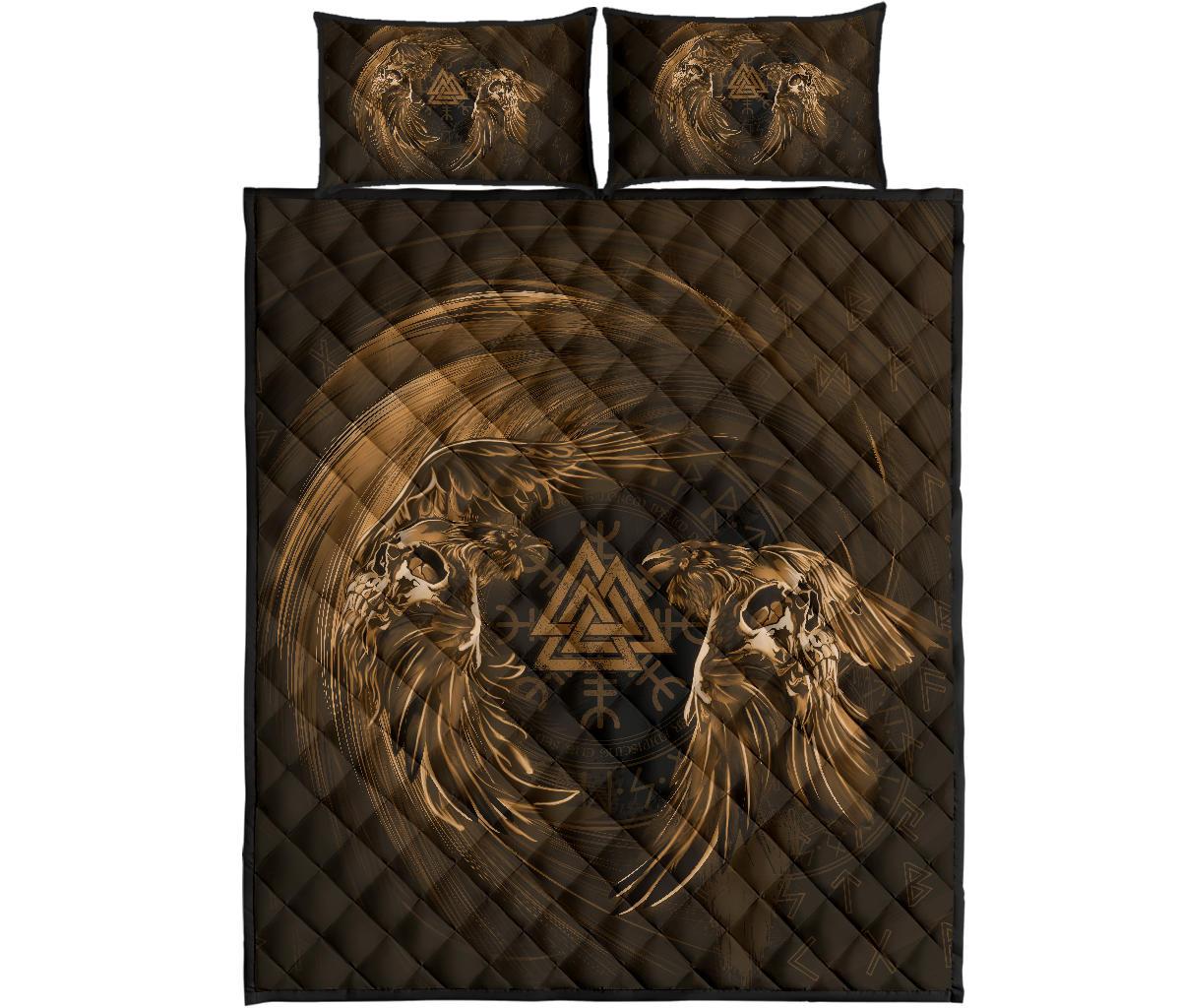 Viking Quilt Bedding Set Ravens Skull Tattoo Gold