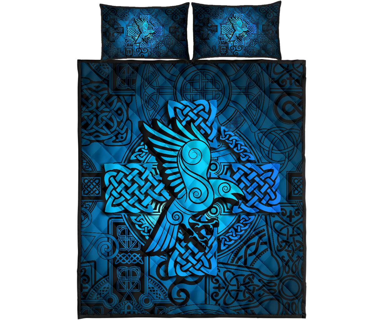 Viking Quilt Bedding Set Raven Odin Celtic Cyan