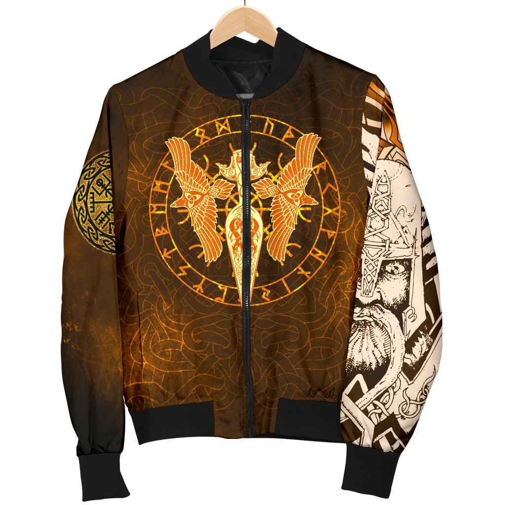 Viking Bomber Jacket Gold Spear Of The God Odin Gungnir And Two Gold Ravens