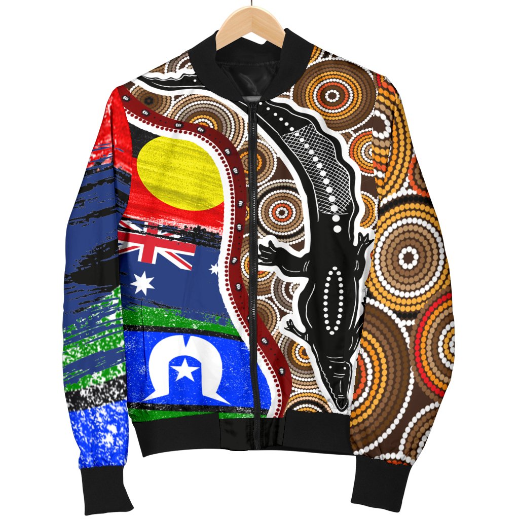Women Bomber Jacket - Australian Aboriginal Crocodile With NAIDOC Flags