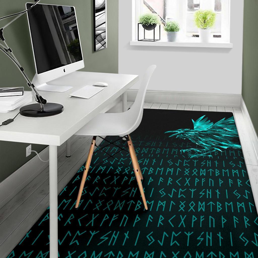 Viking Area Rug The Raven Of Odin Rune Cyan