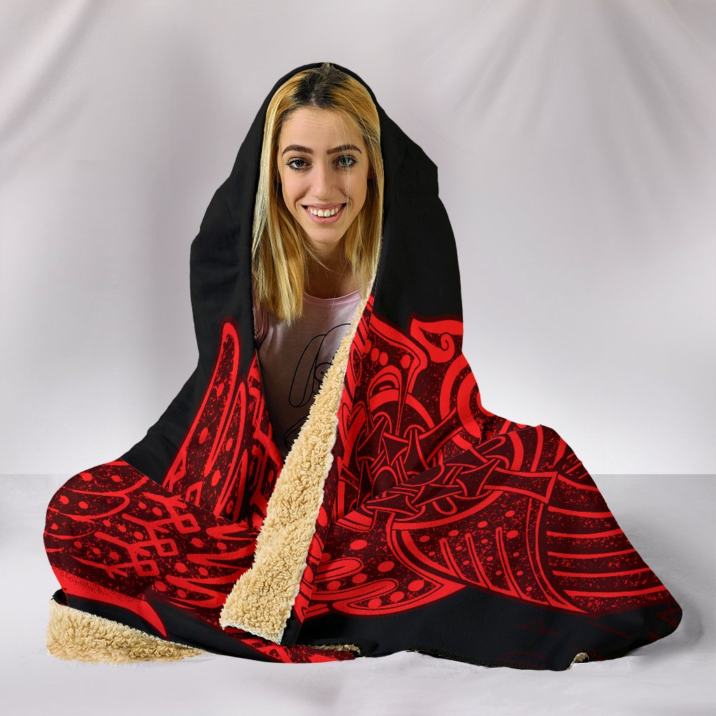 Viking Hooded Blanket Raven Tattoo Red Style