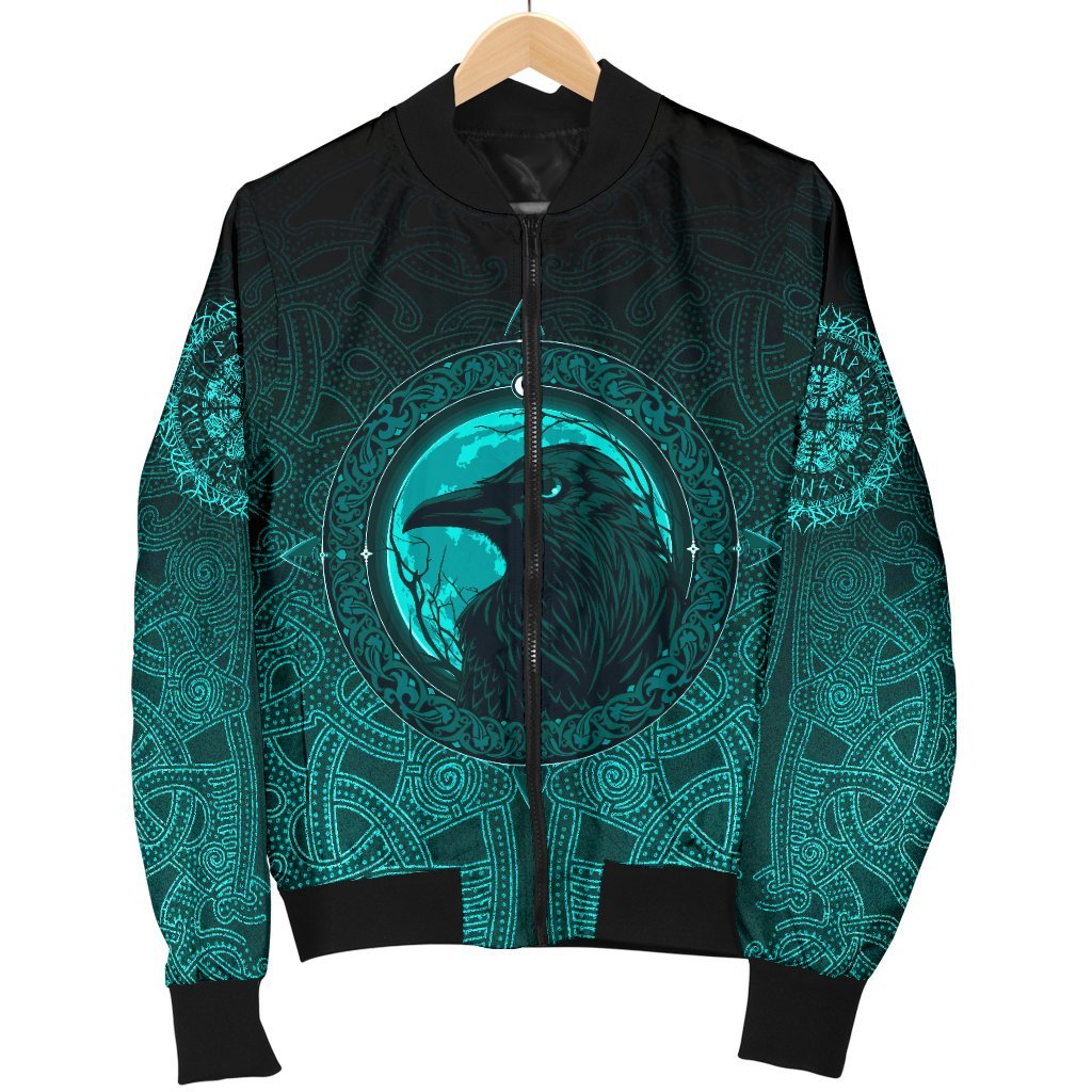 Viking Bomber Jacket Ethnic Odin Raven Cyan Style Ver01