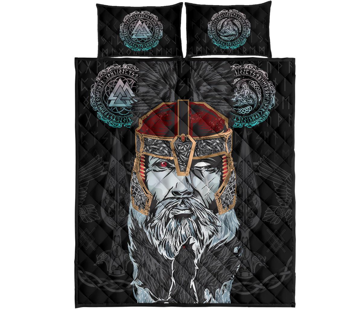 Viking Quilt Bedding Set Odin Valknut and Triple Horn