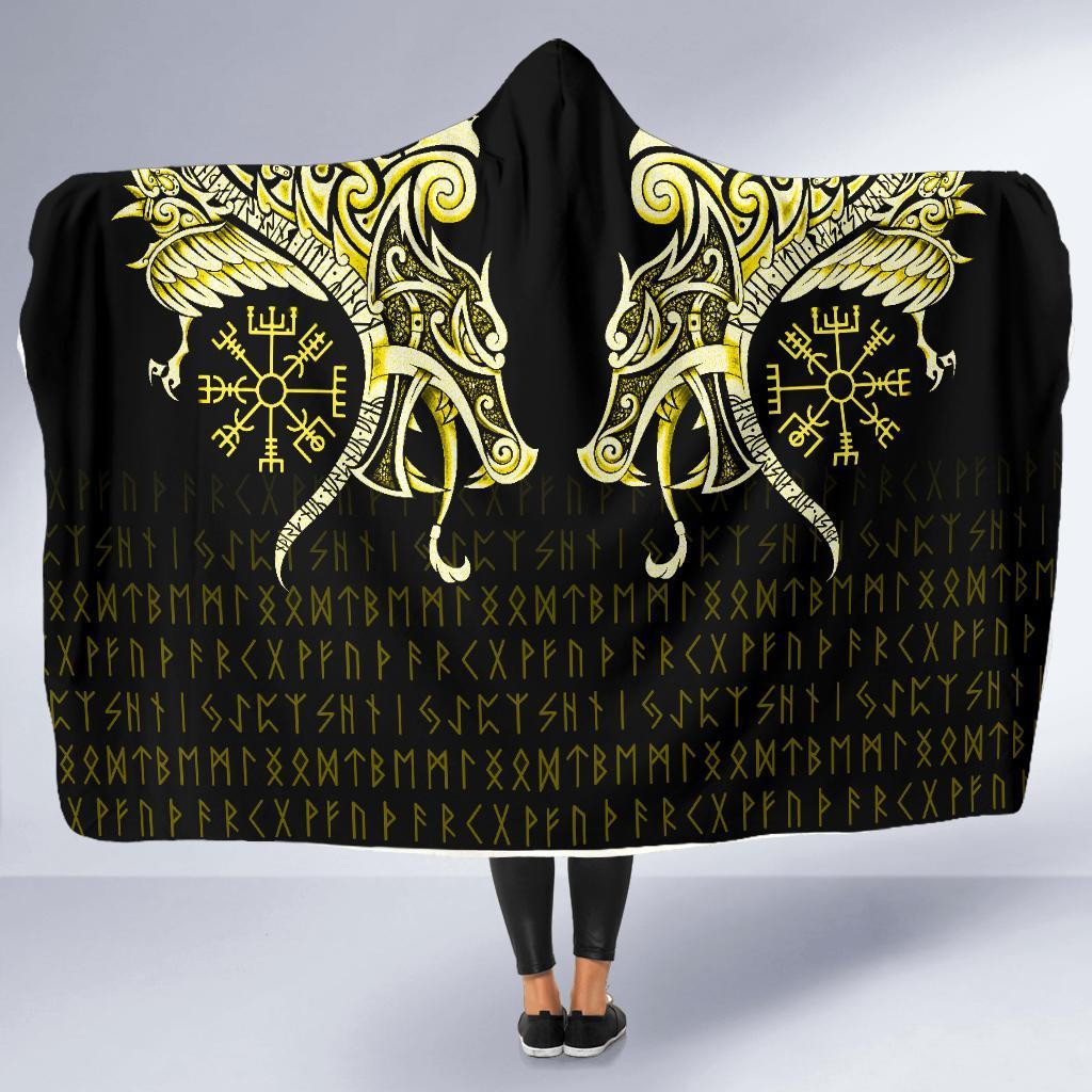 Viking Hooded Blanket Economy Fenrir Raven And Vegvisir Tattoo Yellow