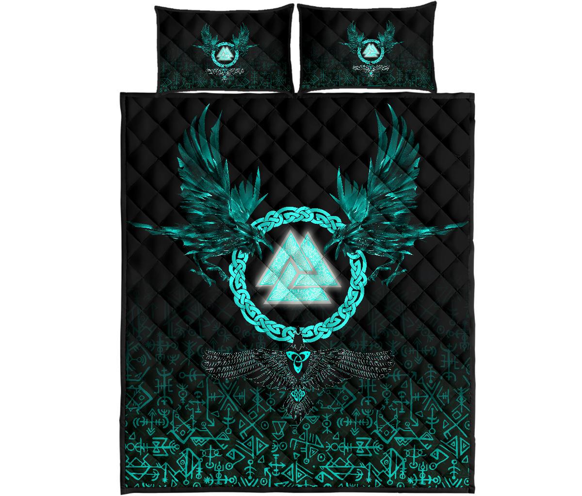 Viking Quilt Bedding Set Three Raven and Valknut Cyan