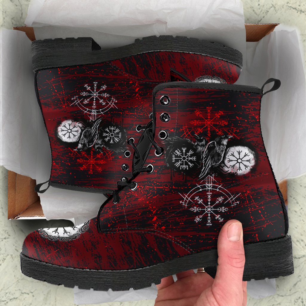 Viking Leather Boots Raven of Odin and Symbol on Blood Background Style Ver02