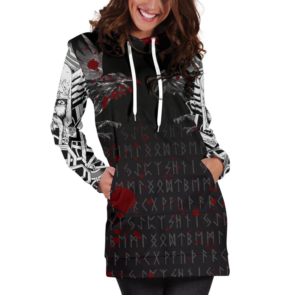 Viking Hoodie Dress Odin Huginn and Muninn Rune Blood