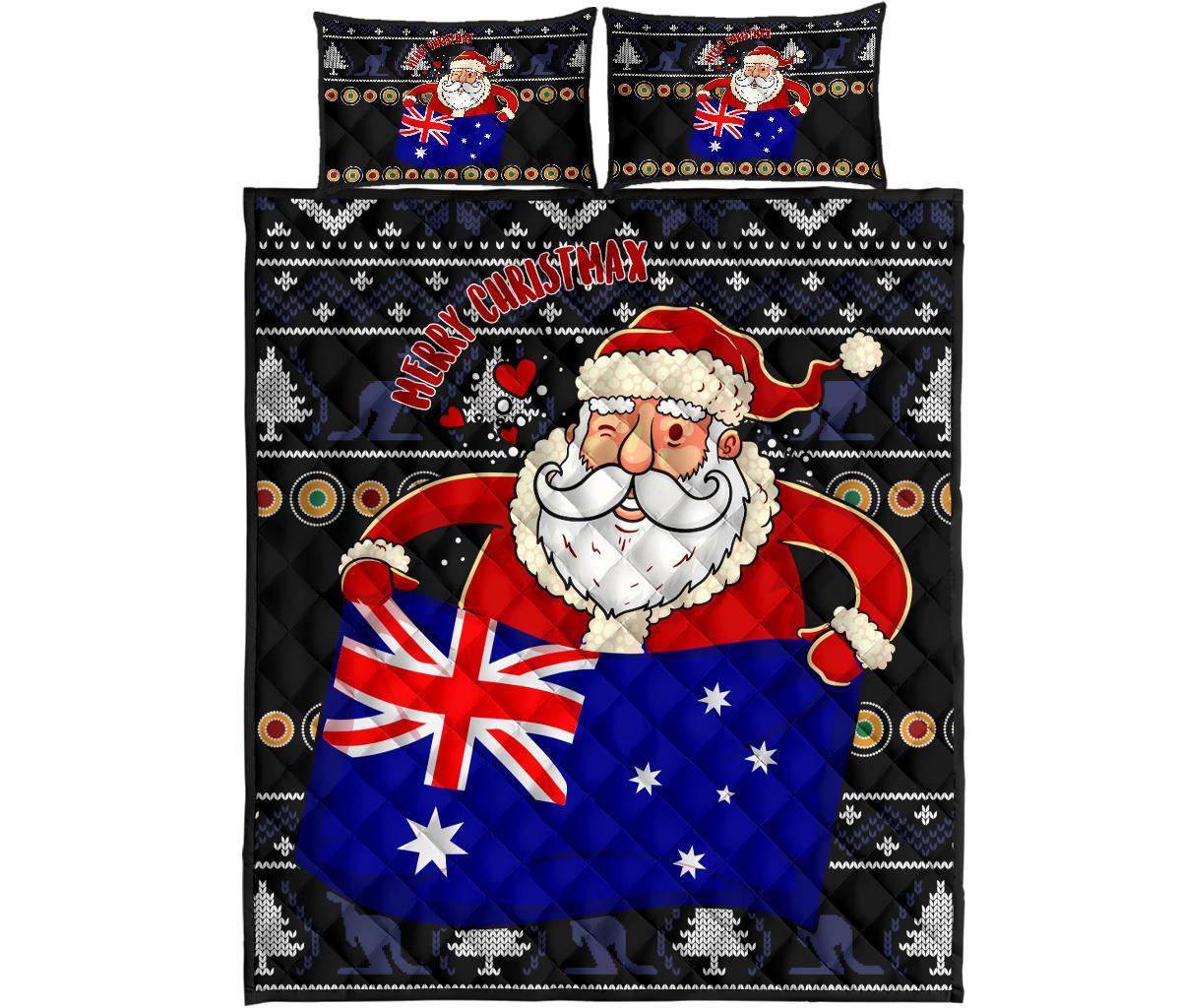 Christmas Quilt Bed Set - Australia Santa Claus Hold The Flag ( Black)