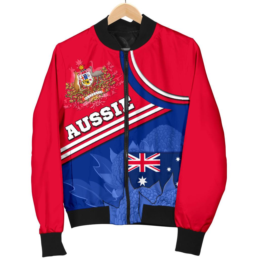 Women Bomber Jacket - Aus Flag and Coat of Arms Jacket Waratah Flowers