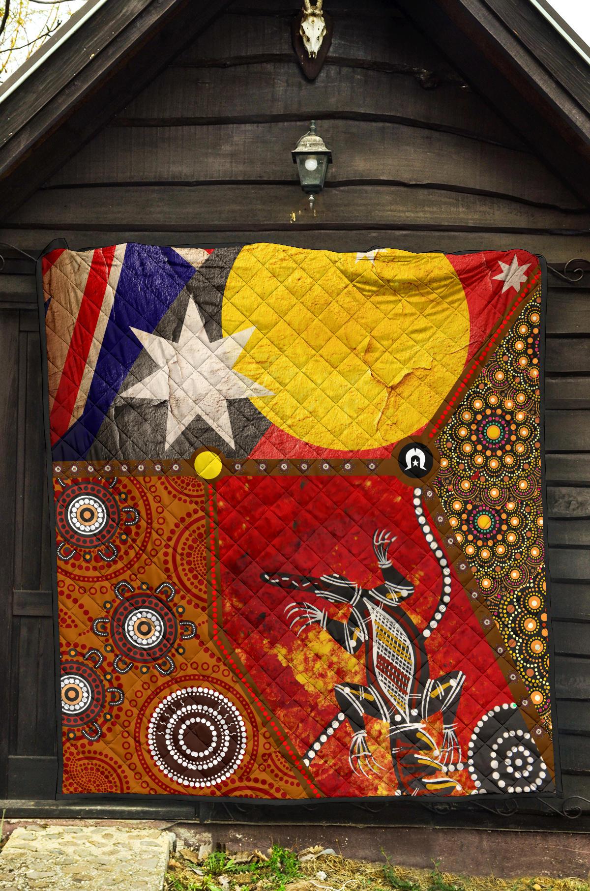 Premium Quilt - Aboriginal Dot Painting & Flags, Crocodile