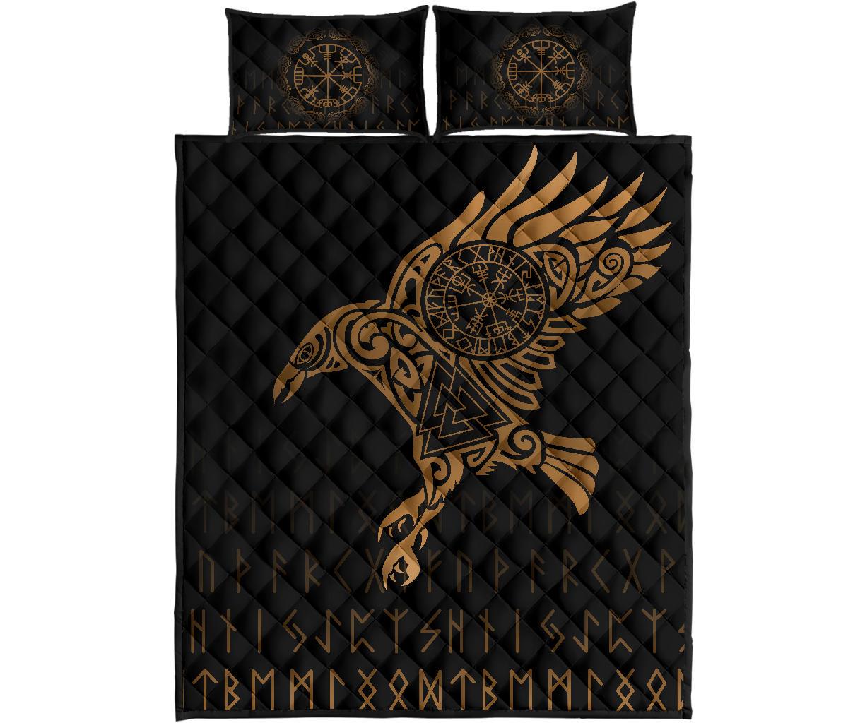 Viking Quilt Bedding Set Raven Tattoo Gold