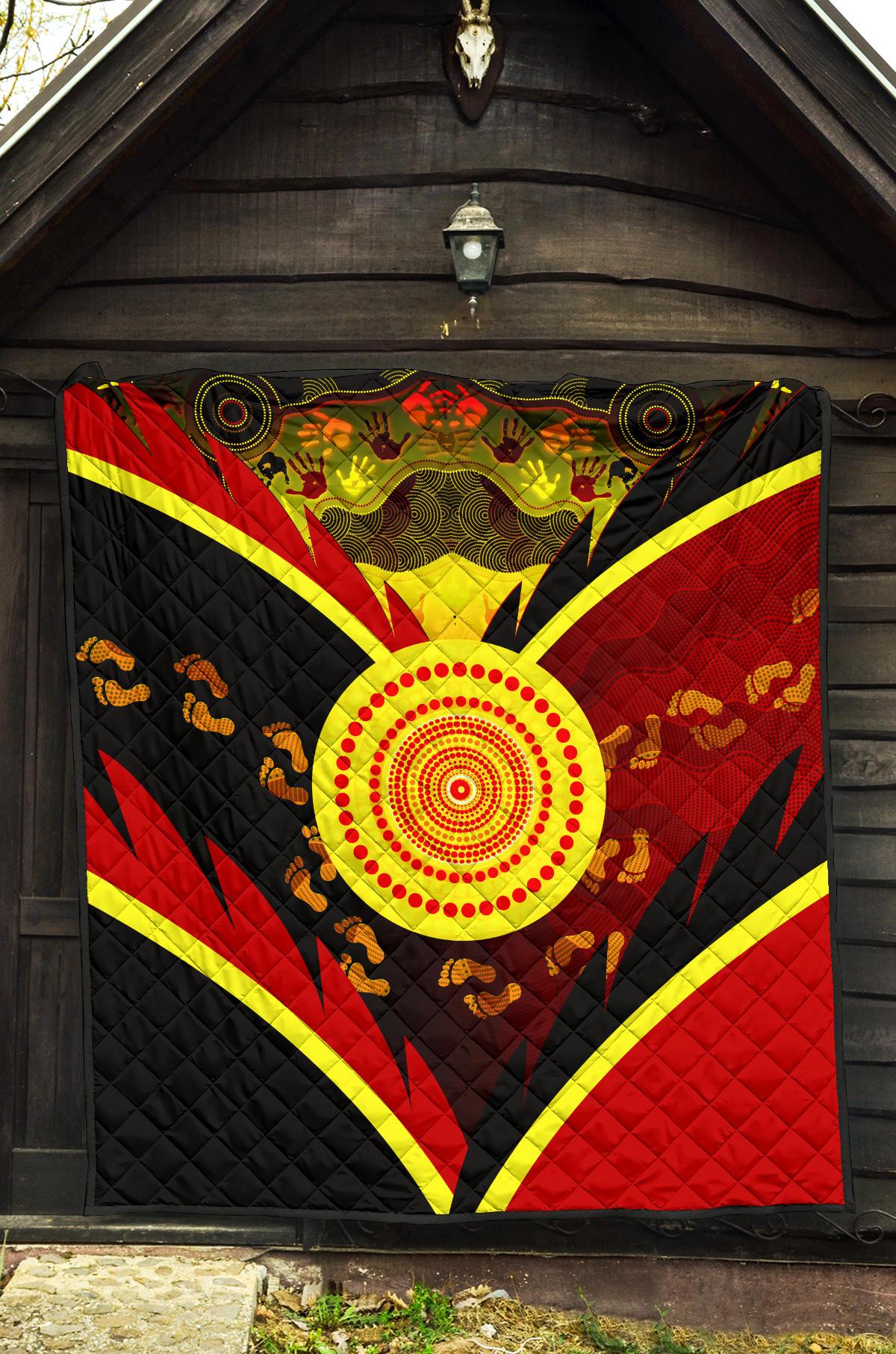 Aboriginal Premium Quilt - Indigenous Flag With Footprint Hand Art