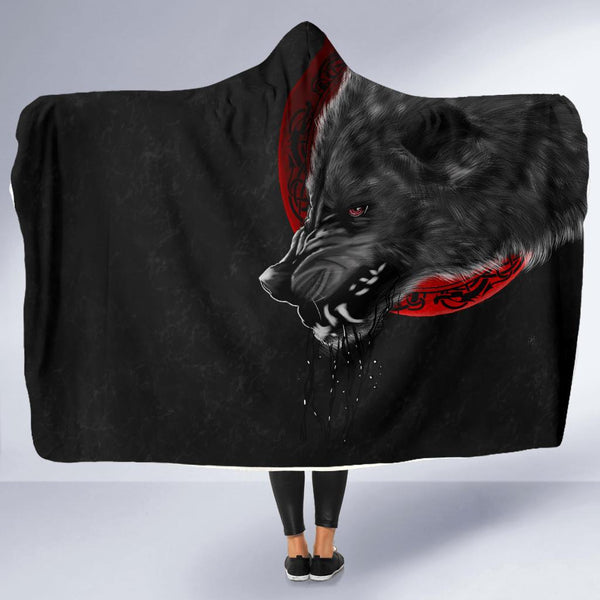 Viking Hooded Blanket Wolf And Blood Moon