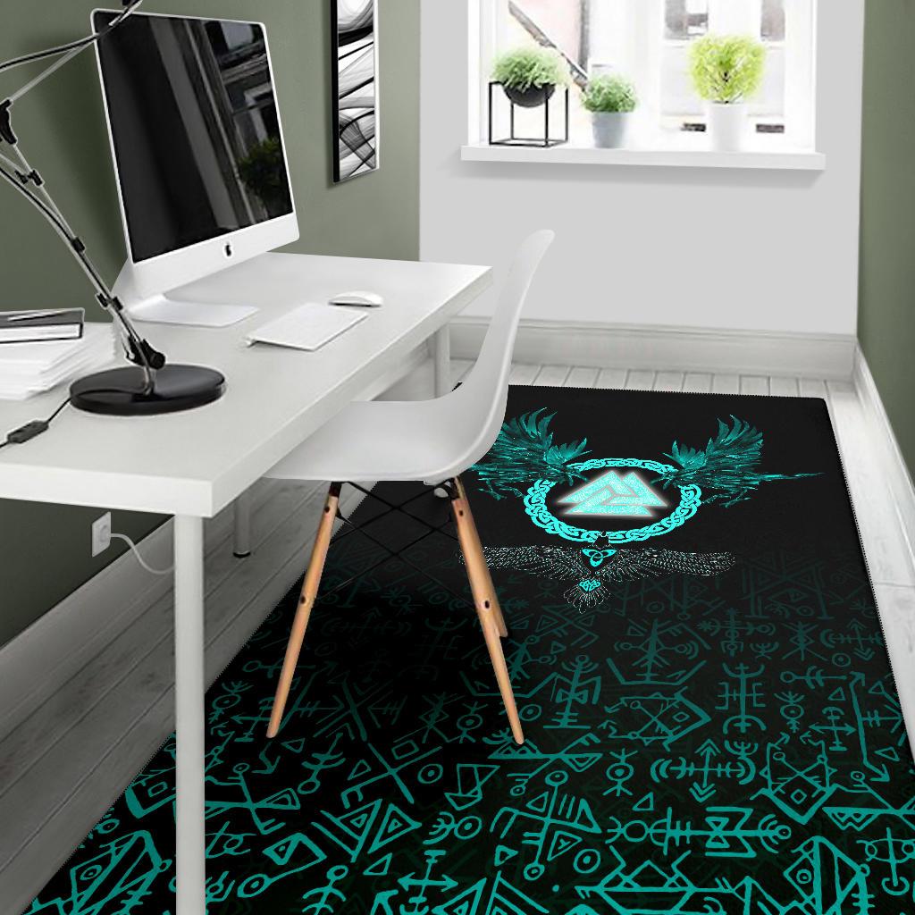 Viking Area Rug Three Raven and Valknut Cyan