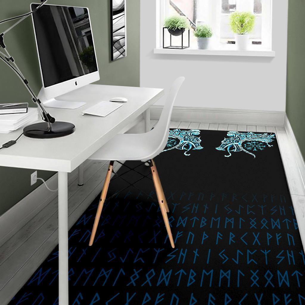 Viking Area Rug Fenrir Raven And Vegvisir Tattoo Cyan