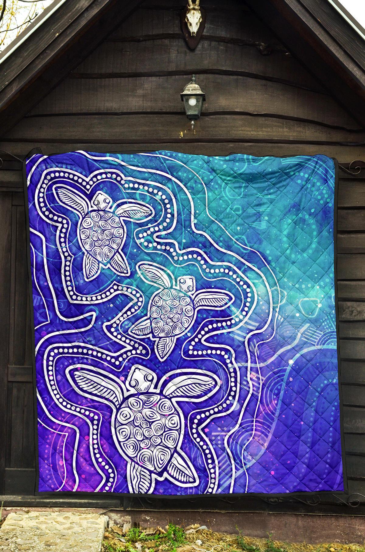 Aboriginal Premium Quilt - Sea Turtle With Indigenous Patterns (Blue)
