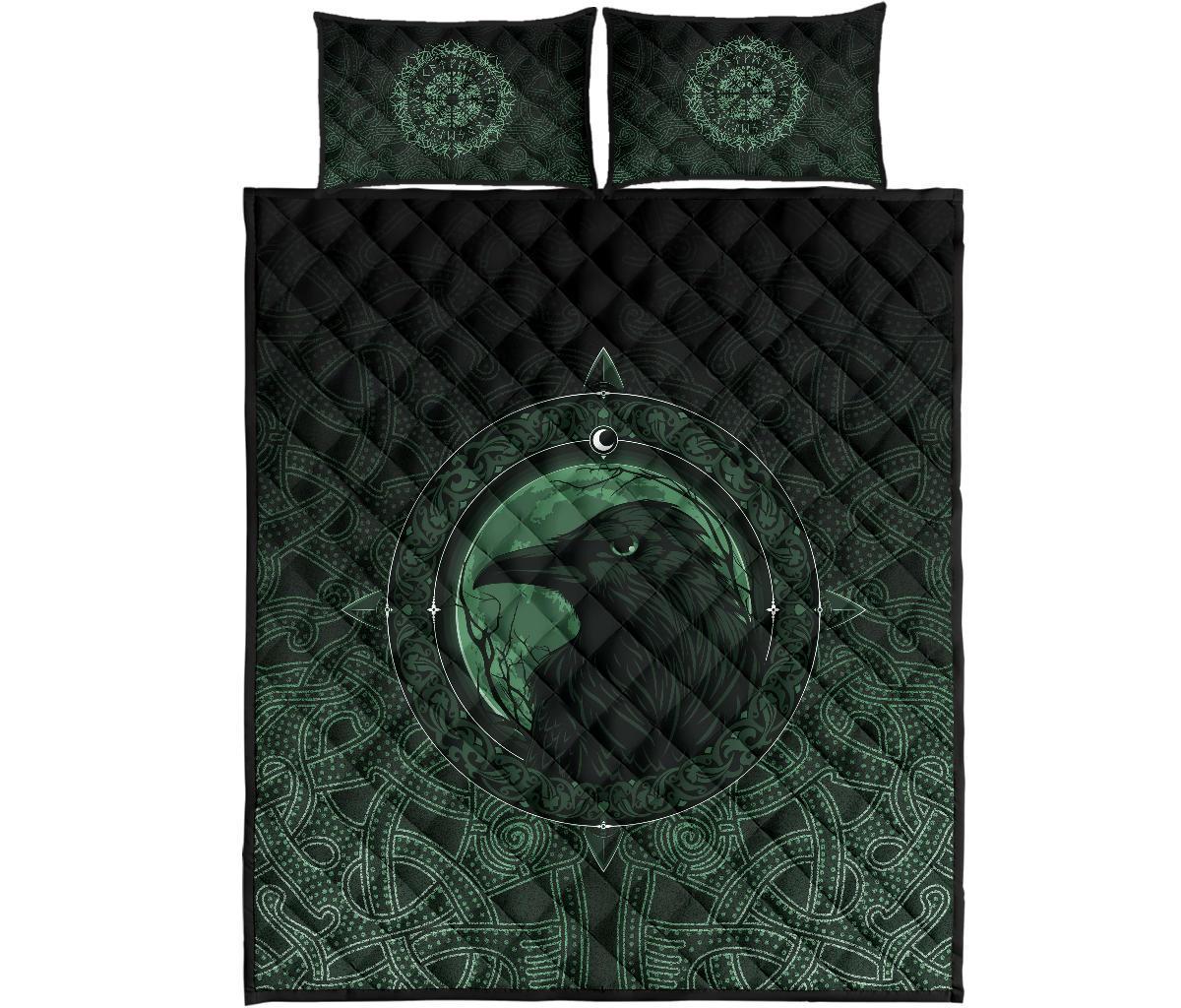 Viking Quilt Bedding Set Ethnic Odin Raven Green