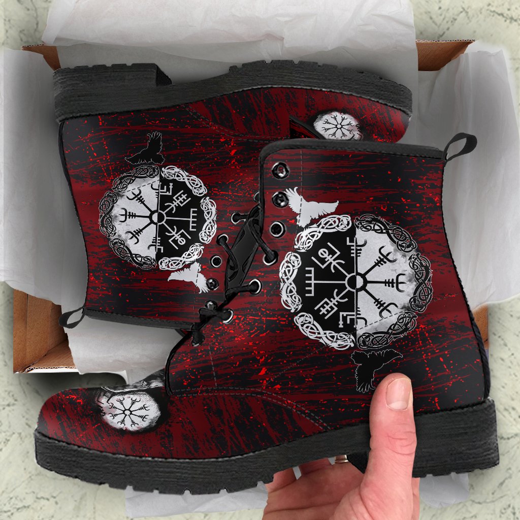 Viking Leather Boots Raven of Odin and Symbol Viking on Blood Background Ver01