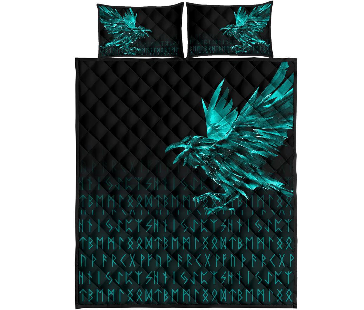 Viking Quilt Bedding Set The Raven Of Odin Rune Cyan